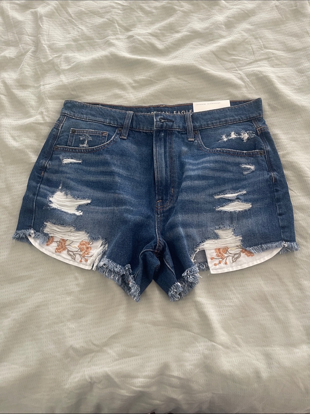 American Eagle Outfitters Dark Blue Distressed Denim Shorts with Floral Lining